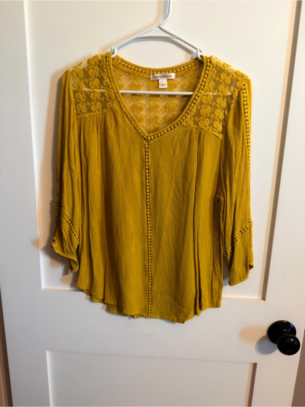 JohnPaulRichard Mustard Lace Yoke V-Neck Top